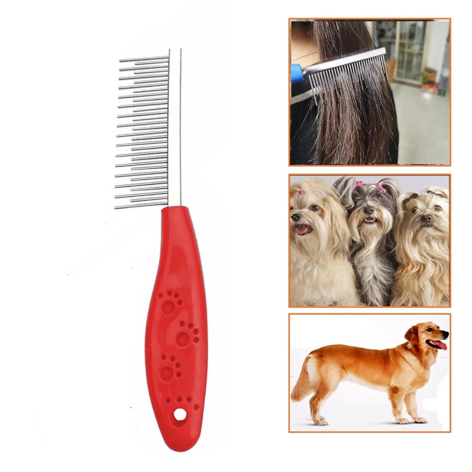 Red pet grooming comb with stainless steel pins, dual-length teeth, and anti-slip plastic handle for dematting knots