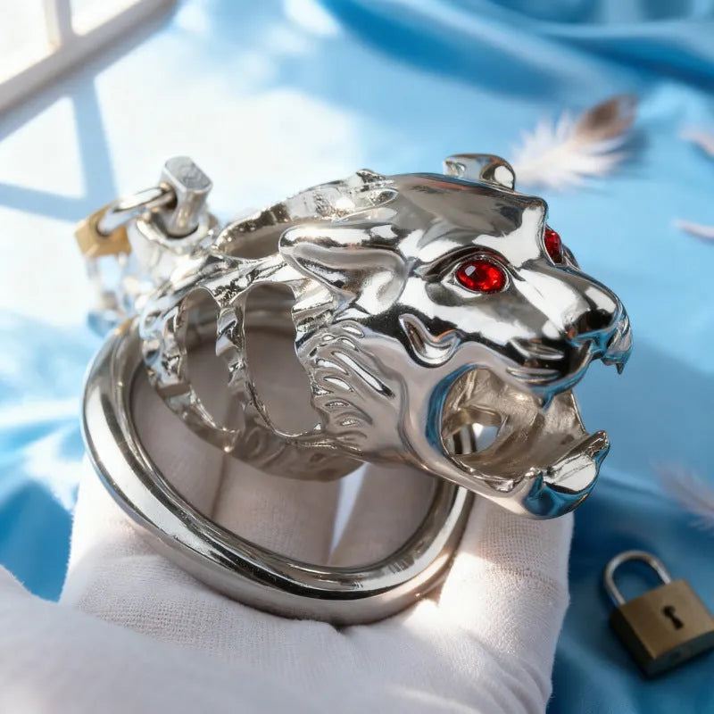 Yellow tiger head hollow stainless steel chastity lock in 40mm, 45mm, and 50mm sizes
