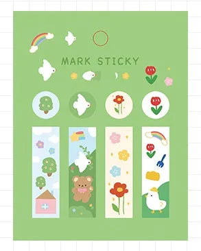 Pack of Sweet Notes 15mm by 50mm PVC index stickers in various colours and decorative styles.