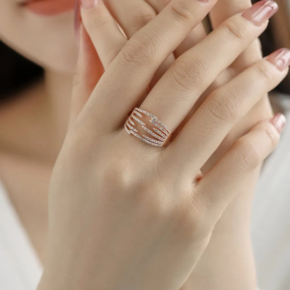 S925 sterling silver geometric line ring for women in silver or rose gold, sizes 6 to 9