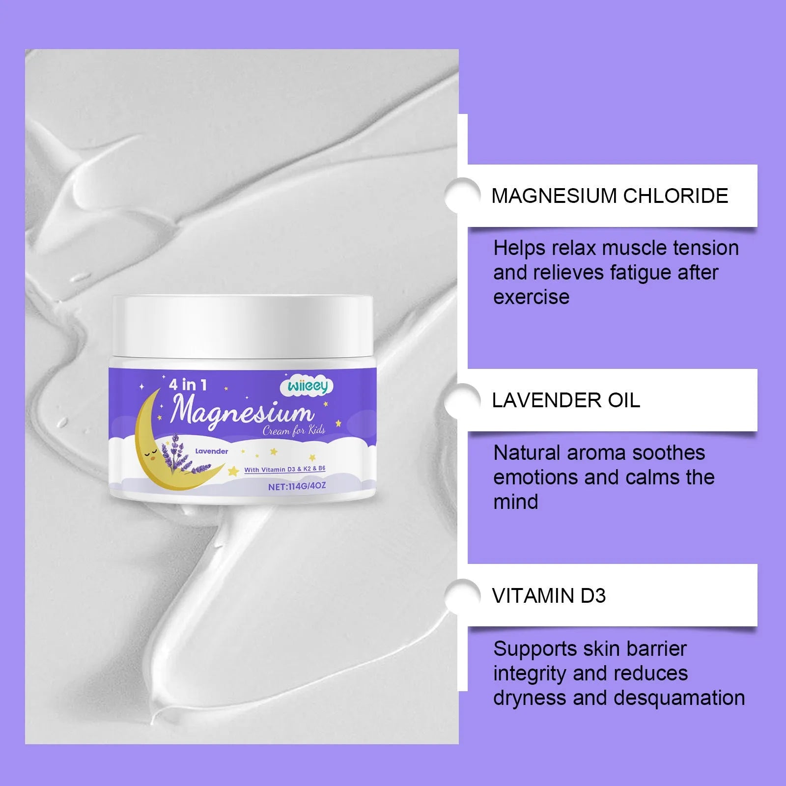114g jar of children's 4-in-1 magnesium cream with vitamins and lavender oil