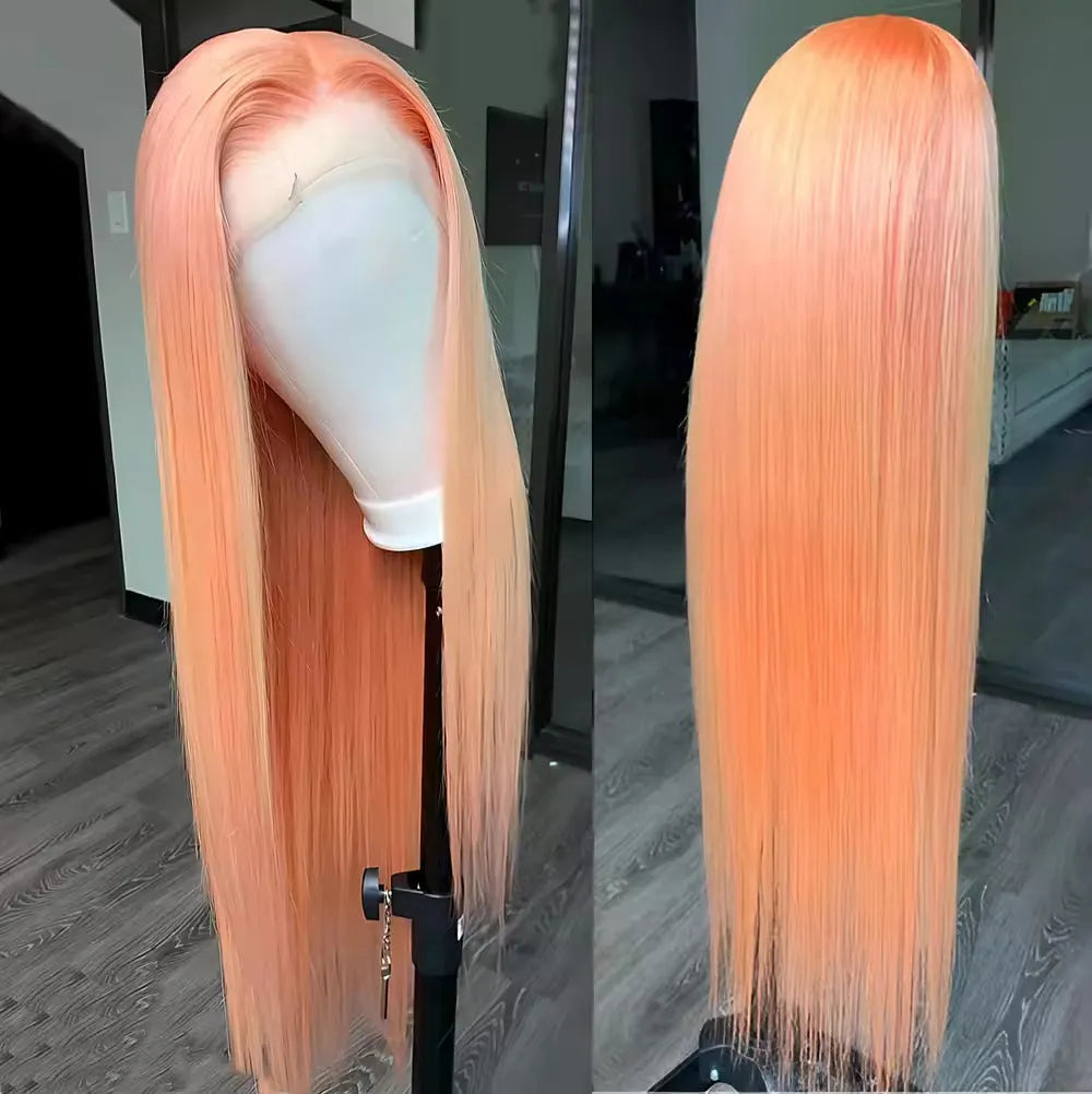 Light orange long straight hair wig with side bangs and front lace, displayed on a wig head.