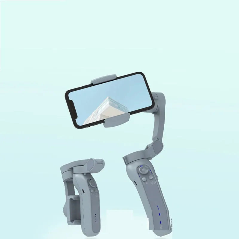 Folding L7B PRO three-axis mobile phone gimbal stabiliser shown in both unfolded and compact folded sizes.
