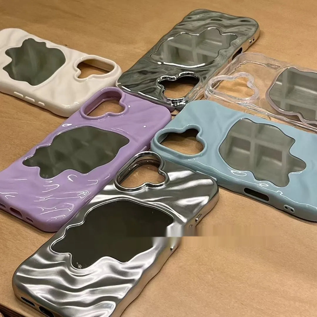 Simple water ripple texture phone case with a mirror, shown in beige, for iPhone protection.