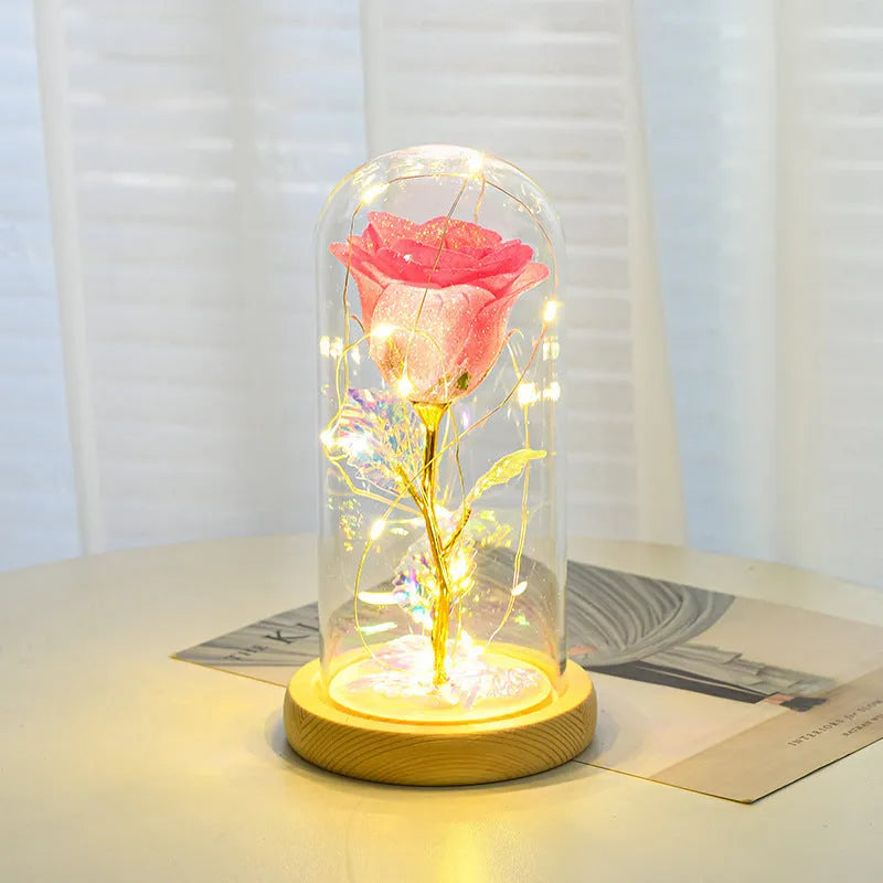 LED-lit eternal rose flower in glass cover with bendable copper wire, colours red gold grey blue pink rose red
