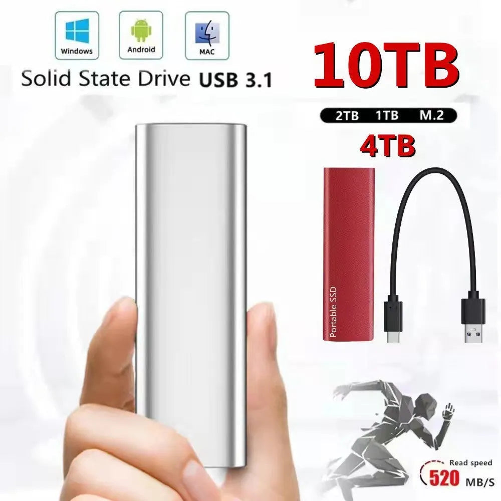 Red interface mobile SSD with metal shell showing ultra-thin design and 10TB capacity label