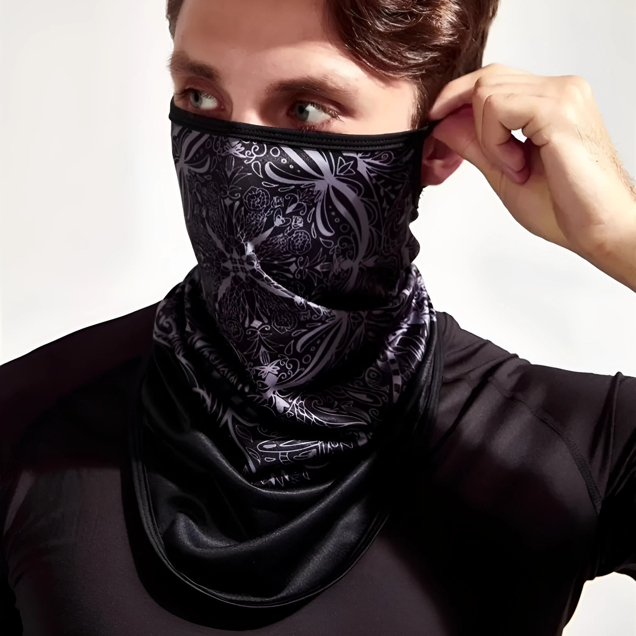 Lycra full face and neck sun mask showing printed design variations