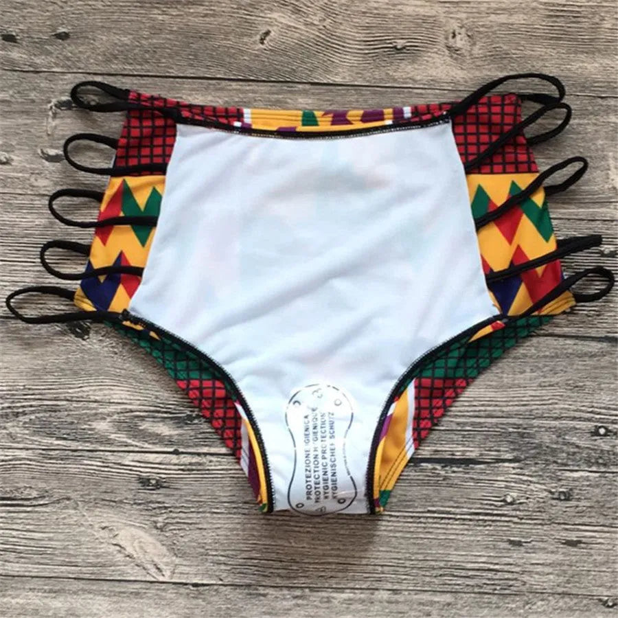 Women's split bikini swimsuit with digital printing, showing high-waist briefs and backless top design for swimming