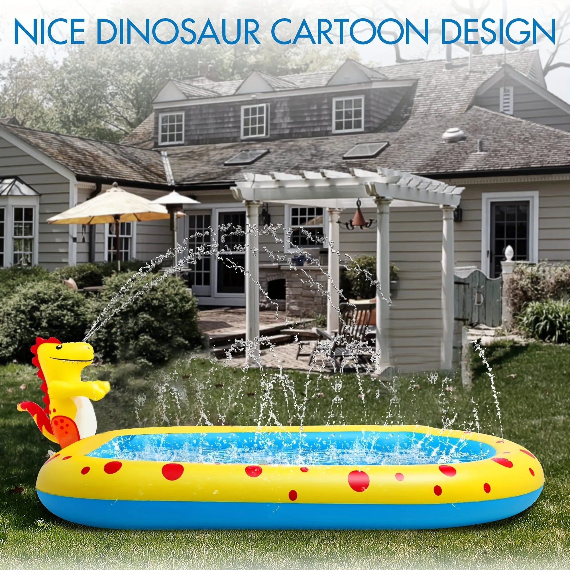 Blue dinosaur-themed inflatable water spray pool for kids in a garden
