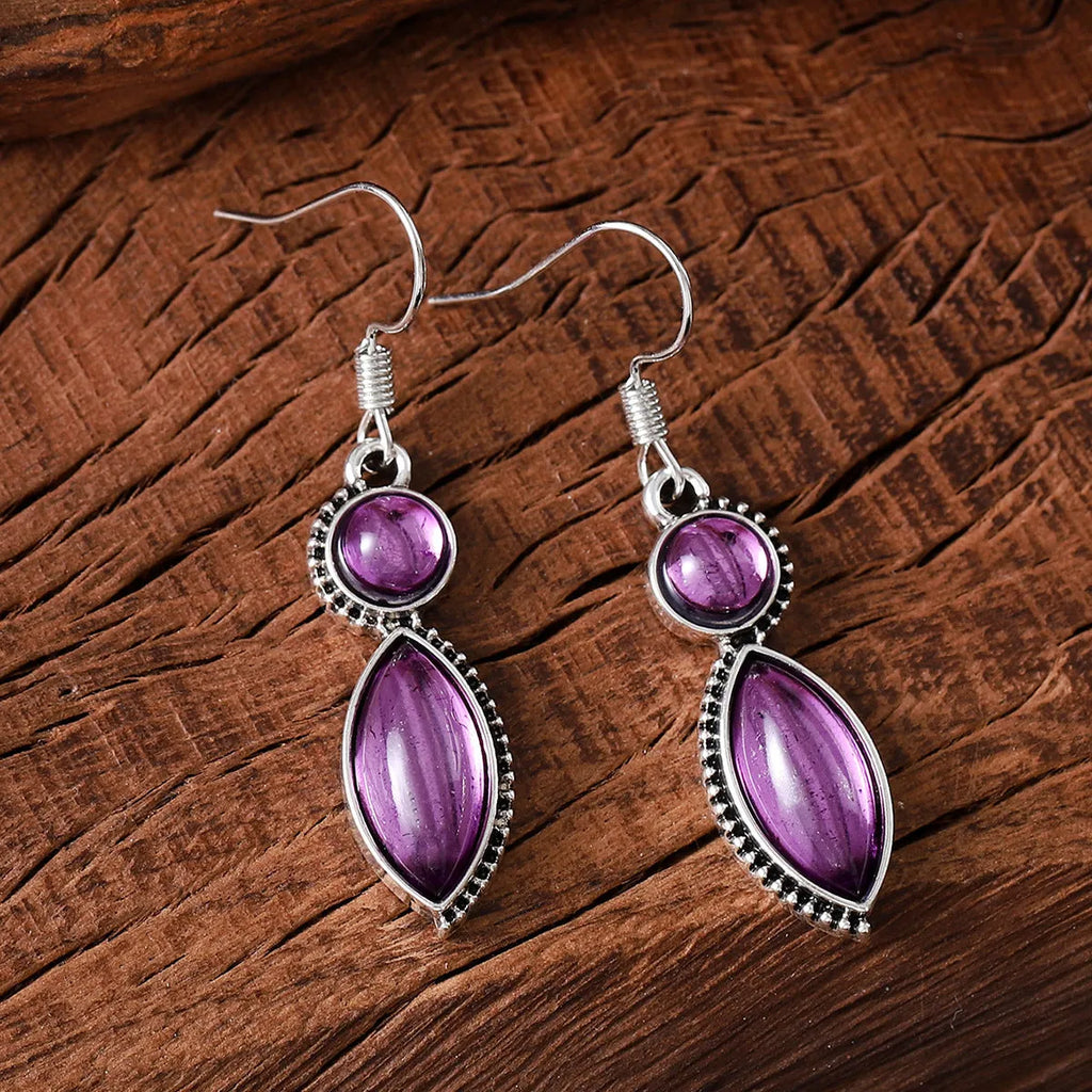 Vintage geometric pendant earrings with black and purple colours, zinc alloy construction with electroplated finish