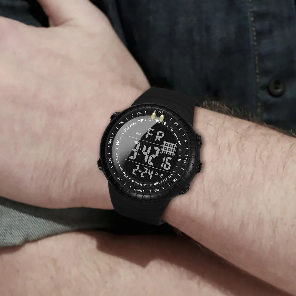 Black waterproof multifunctional outdoor electronic watch for men with large 54.74mm dial and PU strap