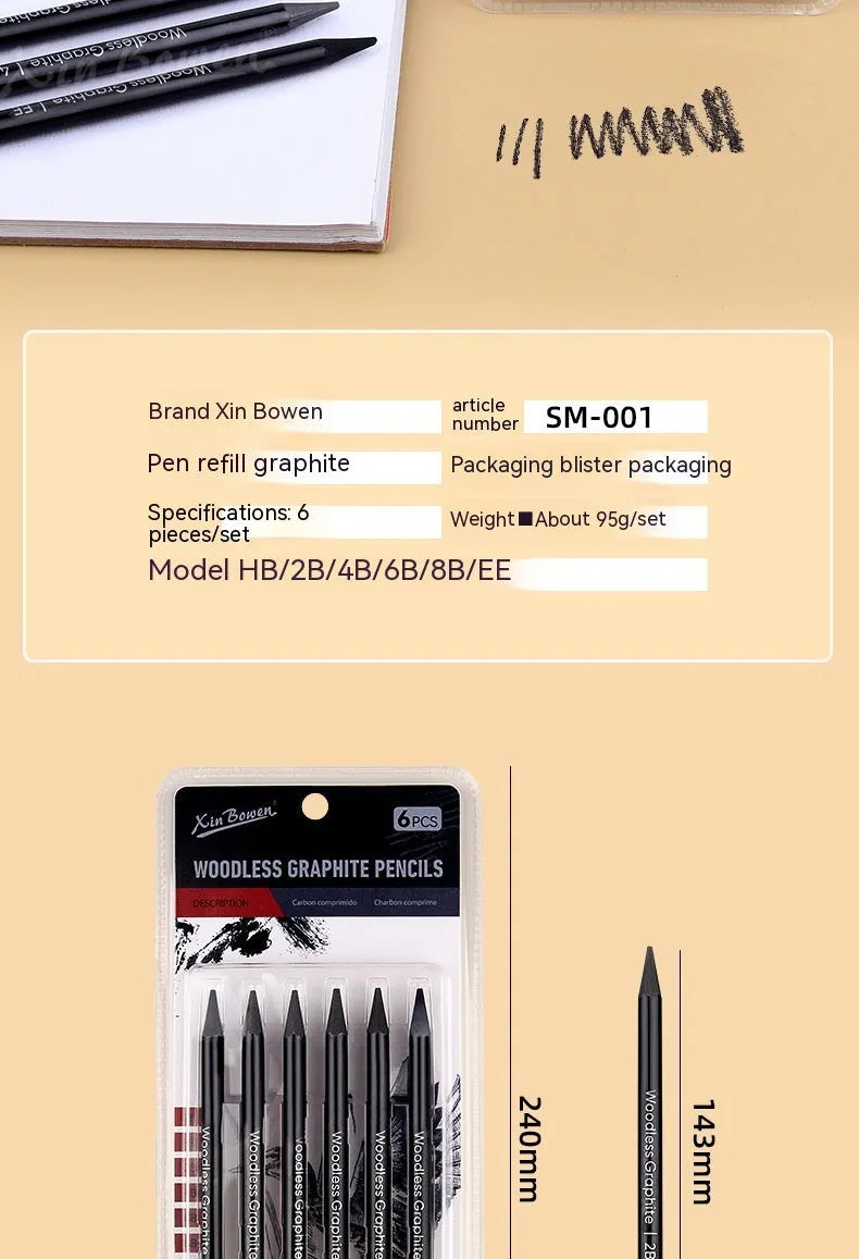 Set of 6 wood-free graphite sketching pencils with graded hardness labels HB 2B 4B 6B 8B EE