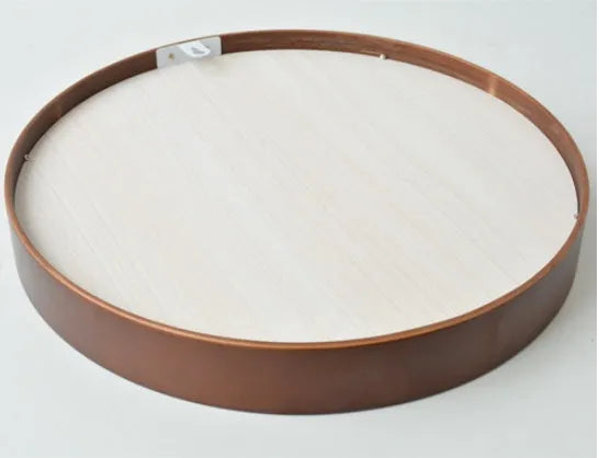 Round walnut-coloured solid wood hanging mirror with 30cm diameter and silvered glass