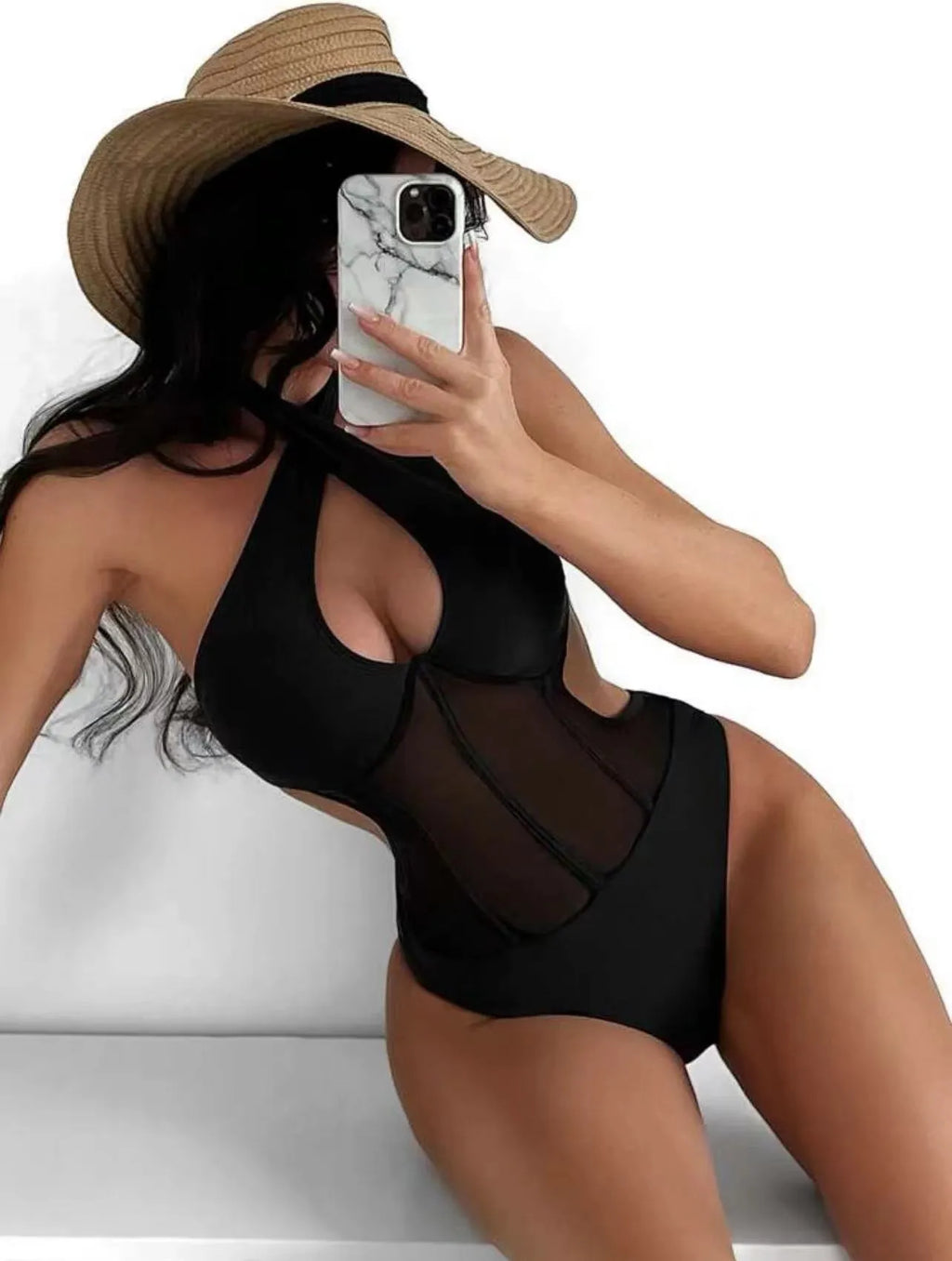 Women's black one-piece swimsuit with 80% nylon 20% spandex fabric composition