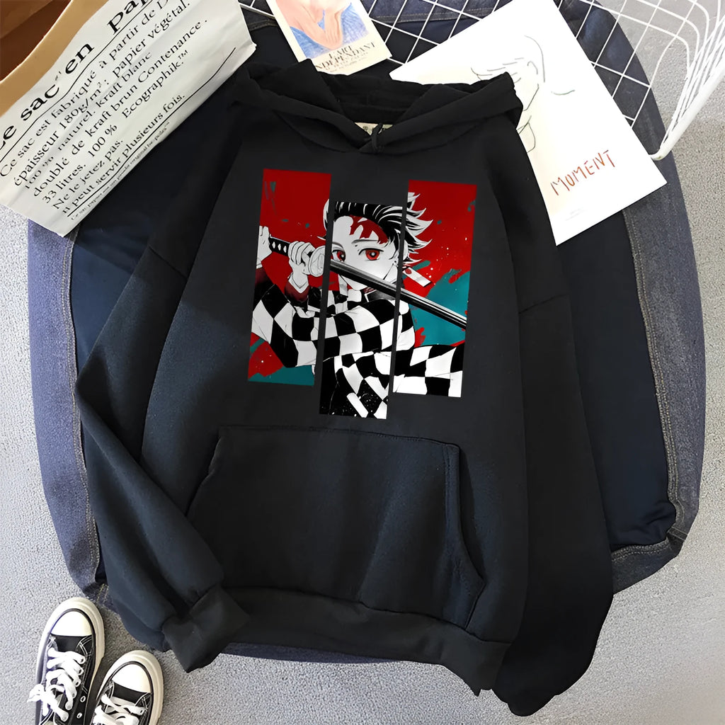 Anime print hooded sweatshirt in loose fit, cotton polyester blend, shown in one of seven colours, sizes XS to 3XL