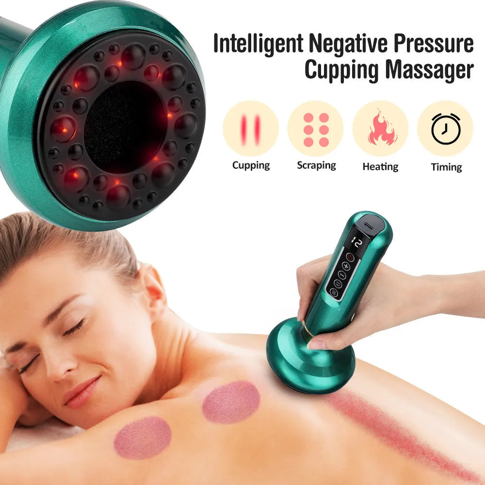 Green electric vacuum cupping massager with adjustable suction controls and infrared heating function