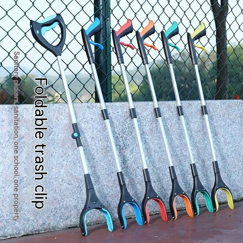 Blue plastic and aluminium alloy trash gripping tool on a white background.