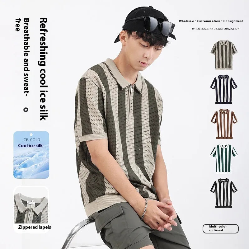 Men's ice silk short sleeve sweater with striped pattern and zipper decoration in viscose fabric