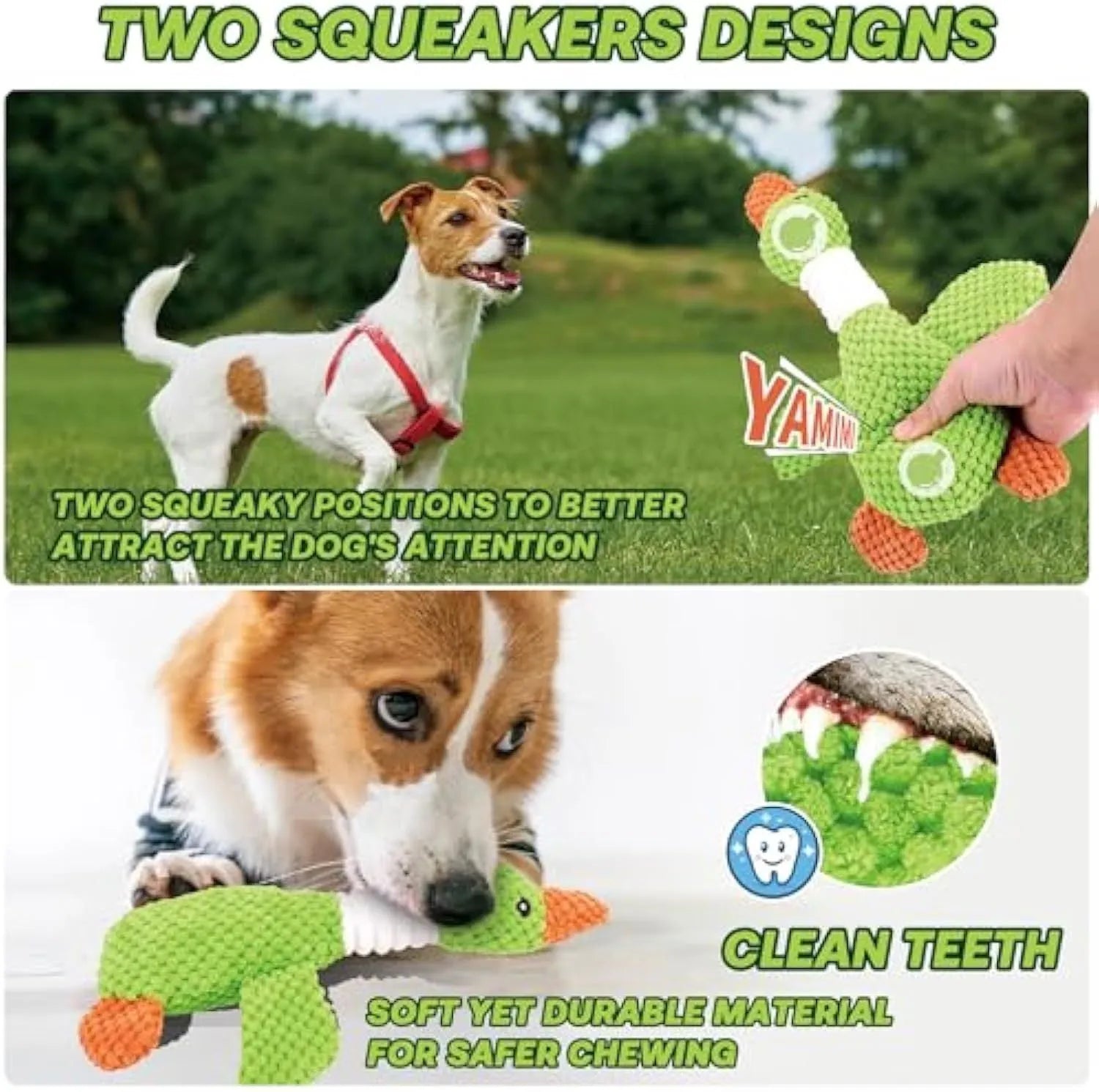 Blue dog plush toy in duck shape with two squeakers, measuring 33cm by 10cm, for large breed dogs