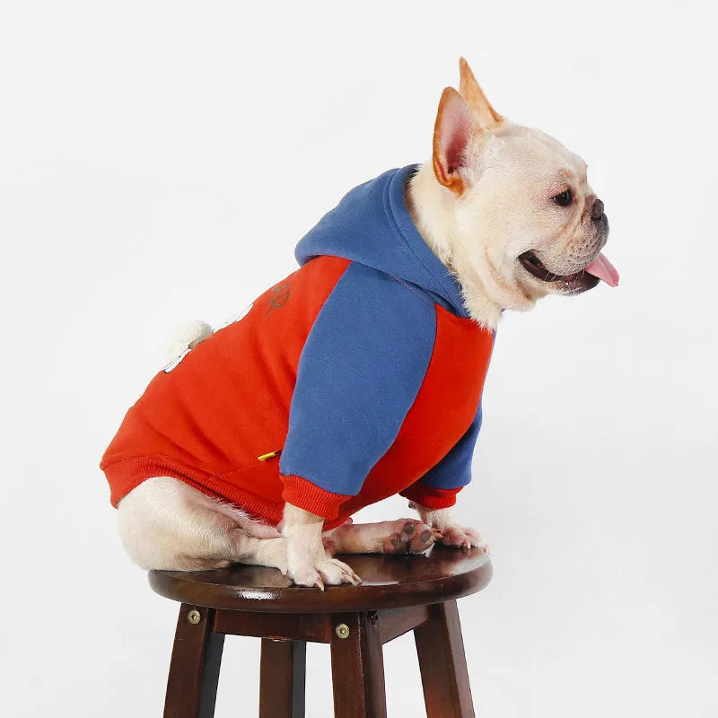 Red cotton dog sweater or clothes for small to medium-sized breeds on a white background.