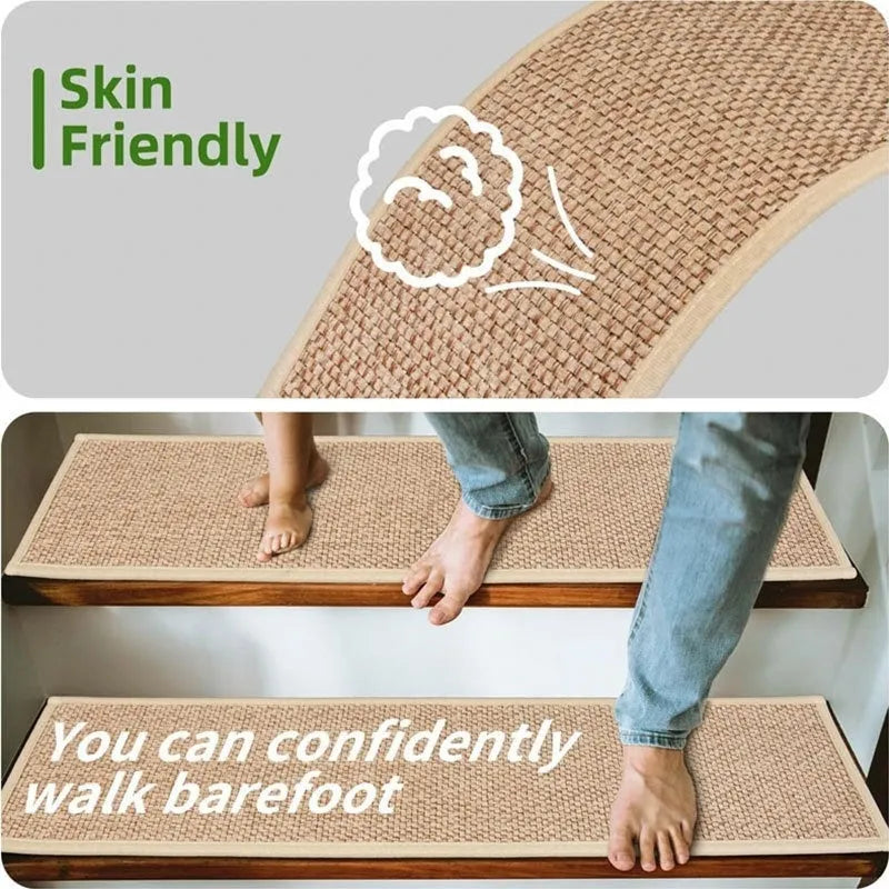 Japanese-style linen-look polyester stair mat measuring 20x76cm in a camel colour with a rubber sole.