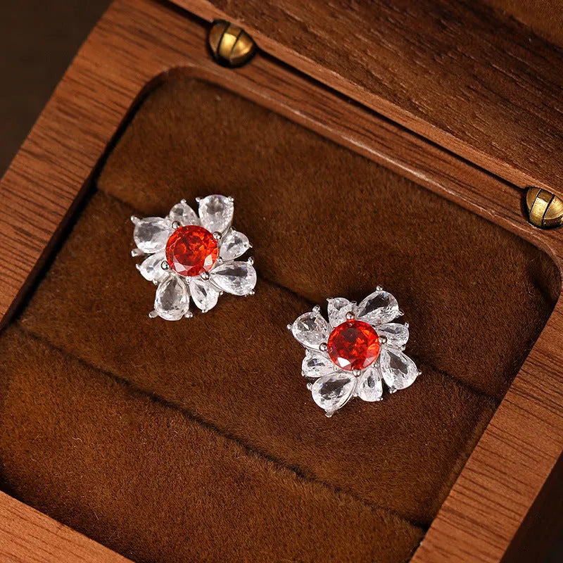 Retro women's earrings in pigeon red with U-shaped geometric design made from 925 silver