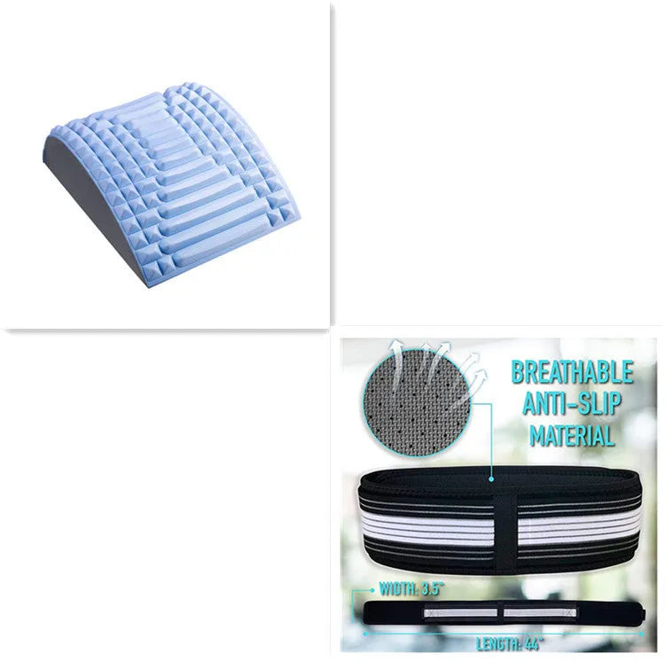 Blue EVA foam back stretcher pillow for lumbar and neck support on a plain background.