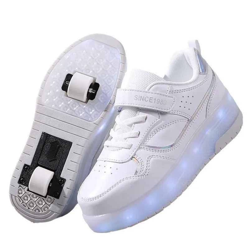 Children's pink and white roller skates with bright LED flashing wheels on a blue background.