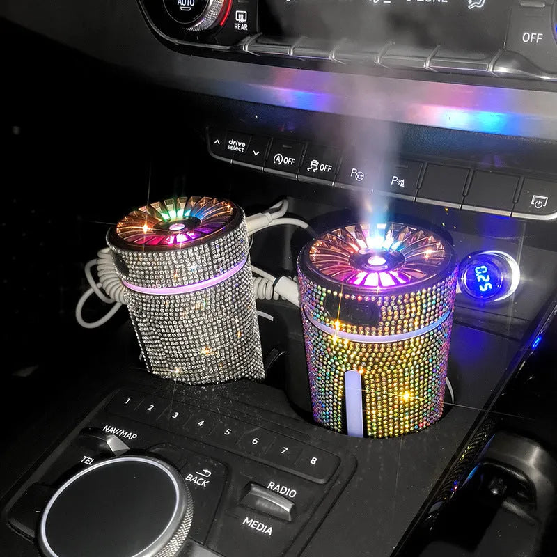 Compact diamond pattern car humidifier with colourful LED lights and USB cable for vehicle or desktop use