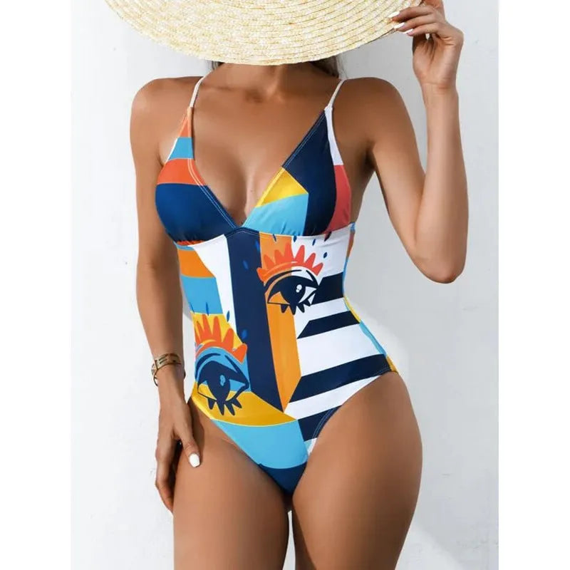 Blue plus size backless one-piece swimsuit for women on a mannequin