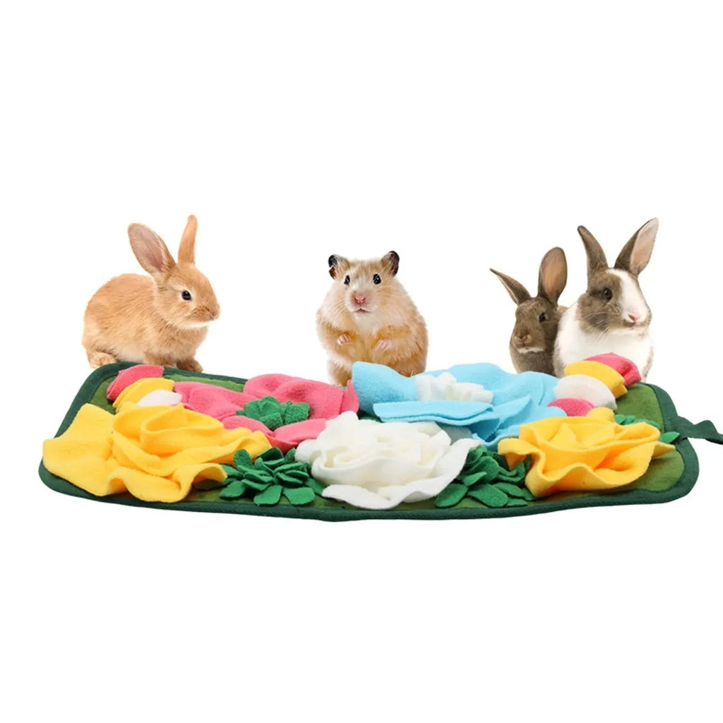 Grey square Totoro garden foraging mat for rabbits and guinea pigs showing four-sided design