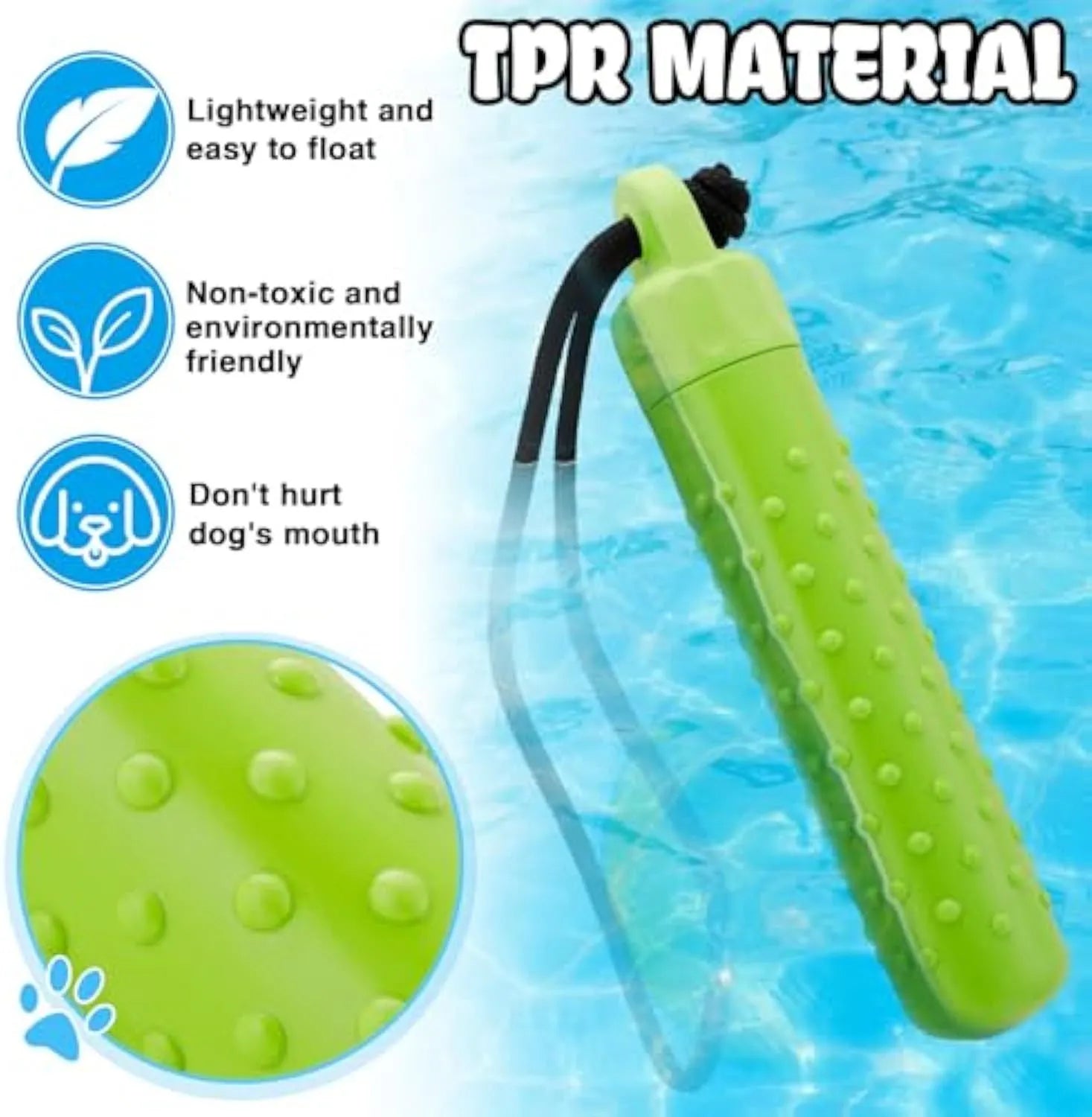 Two red and green TPR floating dog toys with rope handles for water fetching