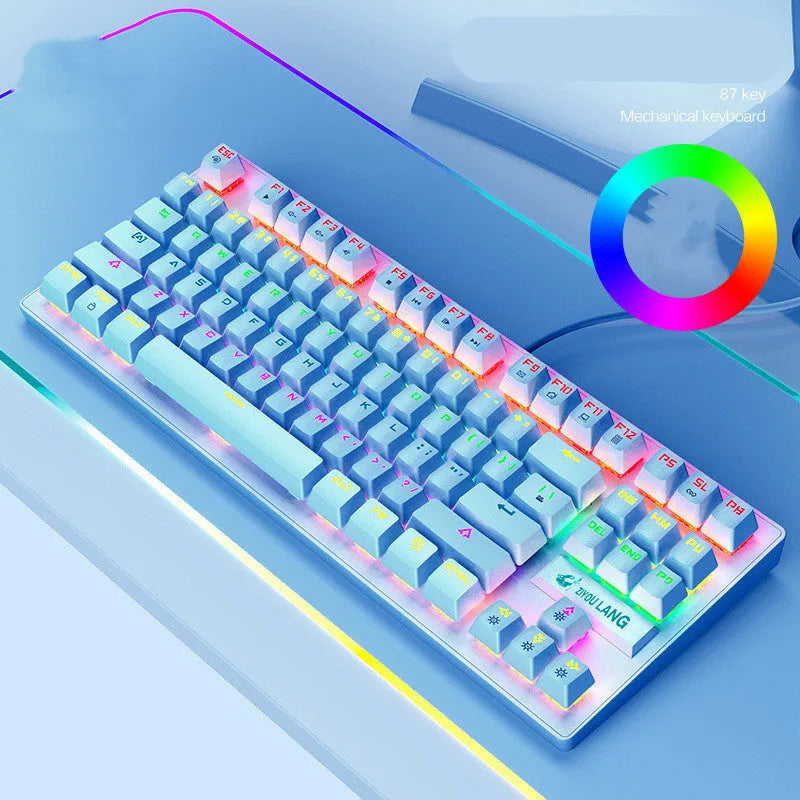 Mechanical keyboard in black, blue, pink, or white with ABS plastic and simple design, showing style options A, B, K2, K2 British