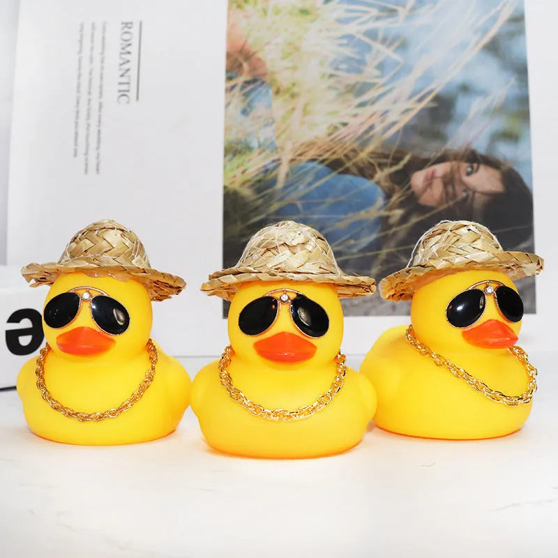 Yellow duck wearing straw hat car dashboard ornament with matte finish, 12cm height with base glue and sunglasses necklace