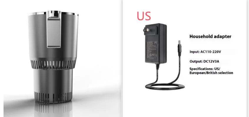 Black car cup holder drink warmer and cooler with digital temperature display showing heating function