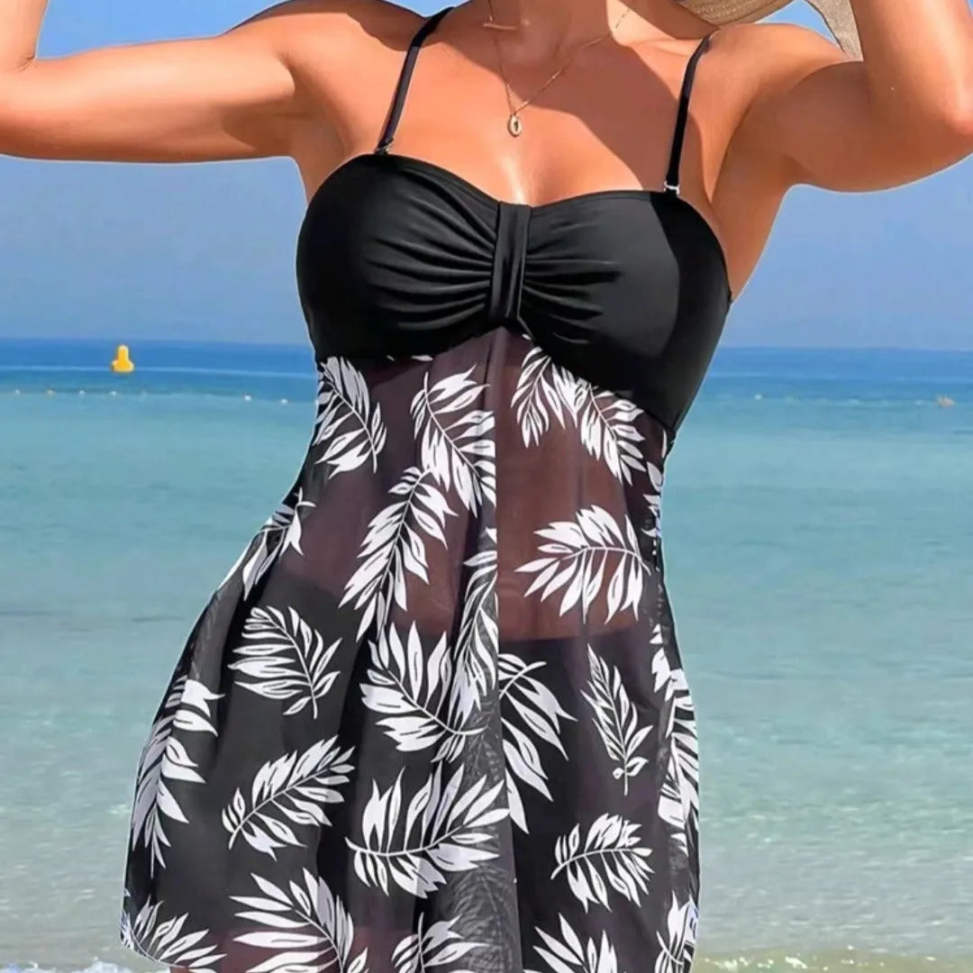 Women's high-waist mesh swim boxer briefs in black, blue, and peacock green on a size chart.