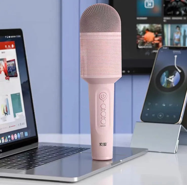 Wireless Bluetooth karaoke microphone in blue, pink, or green with 20cm length and USB charging cable