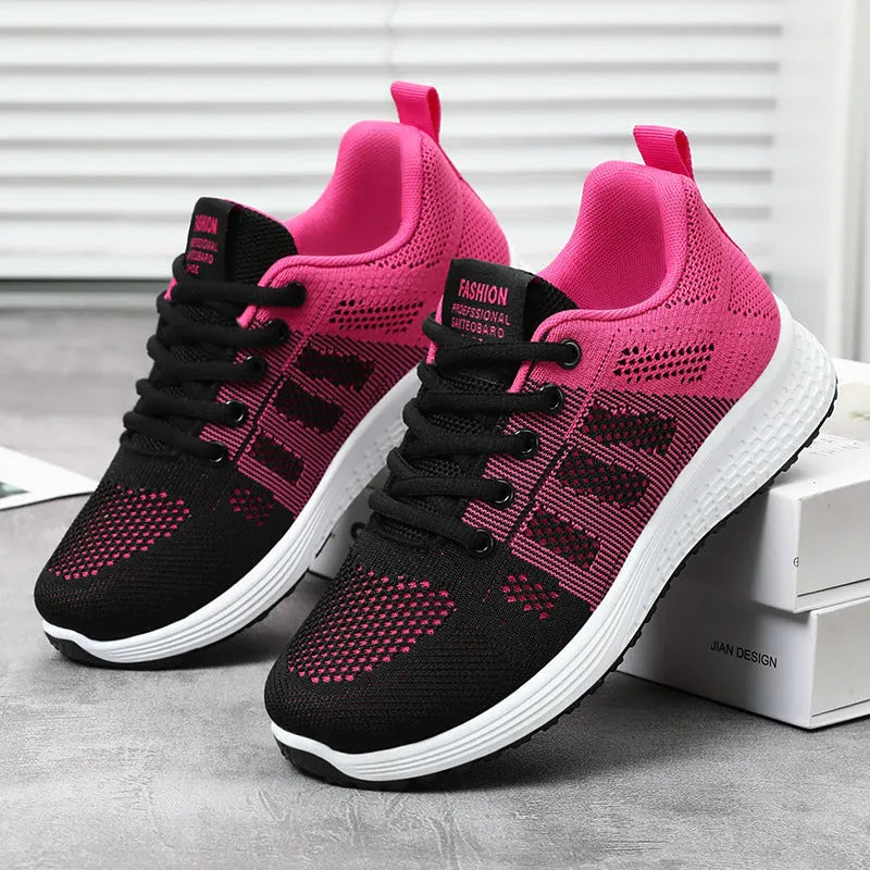 Women's Flyknit running shoes in black, rose red, or grey pink with a flat heel and lace-up front.
