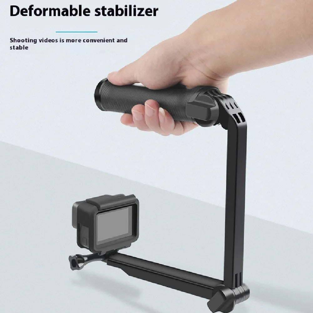 Black folding tripod for GoPro Hero action cameras, shown in compact and extended positions.