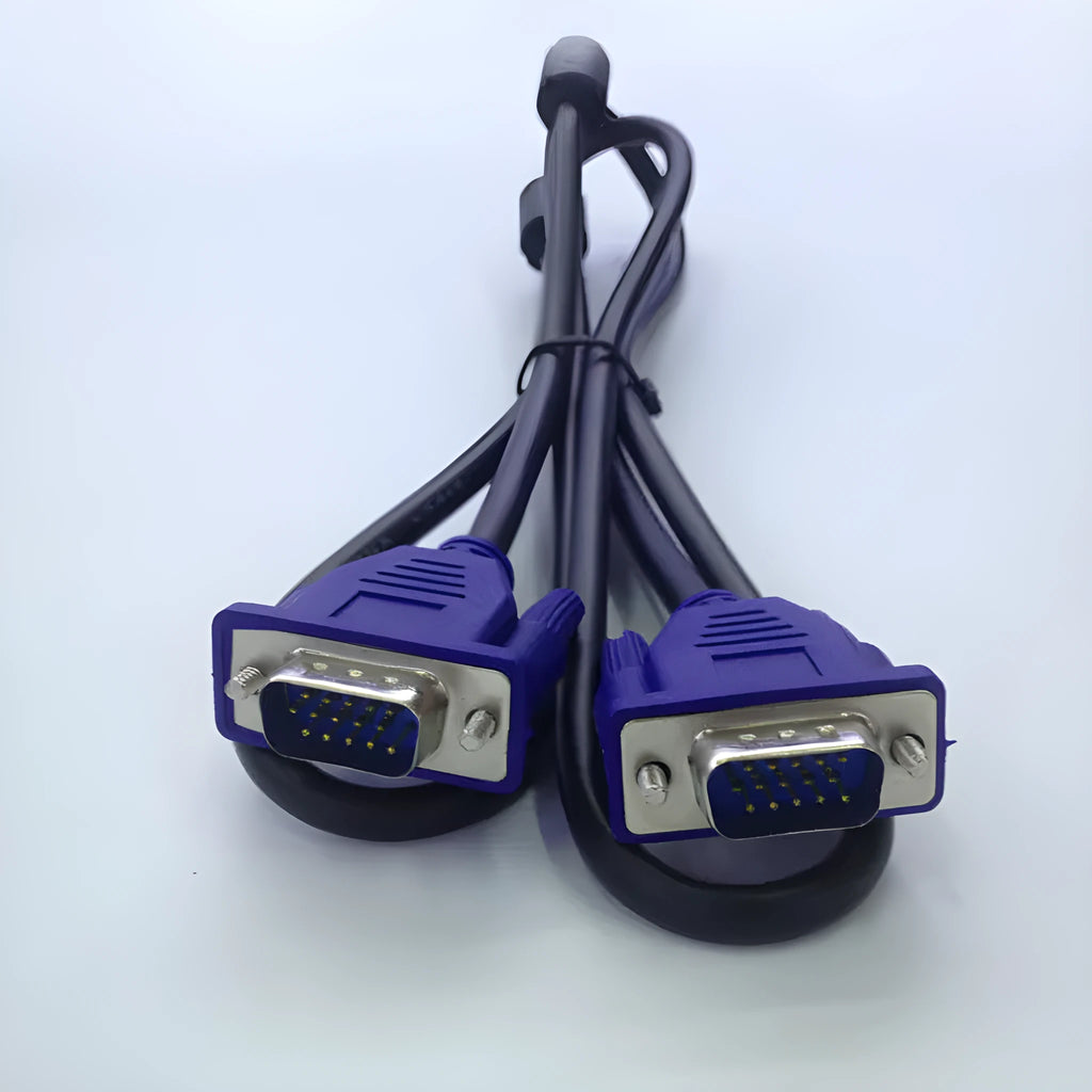 Black VGA video cable with blue moulded connectors and nickel-plated pins, length 1.5 metres.