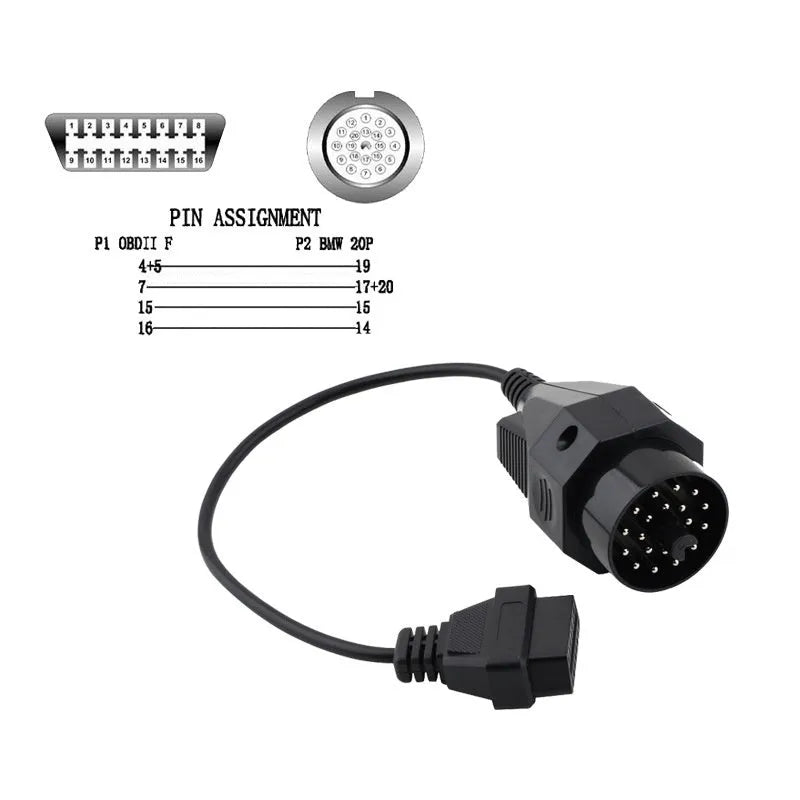 BMW 20-pin to OBD2 16-pin diagnostic connector adaptor cable for vehicle scanner compatibility