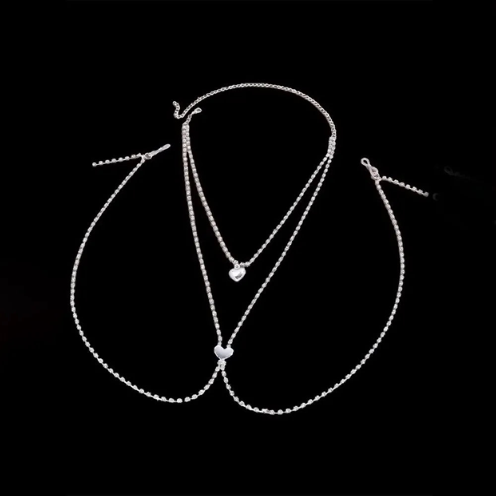Women's heart-shaped rhinestone body chain jewellery in gold and silver electroplated finishes