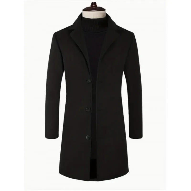 Men's mid-length polyester trench coat, slim fit, no belt, side seam pockets, solid colour, sizes XS-XXXL