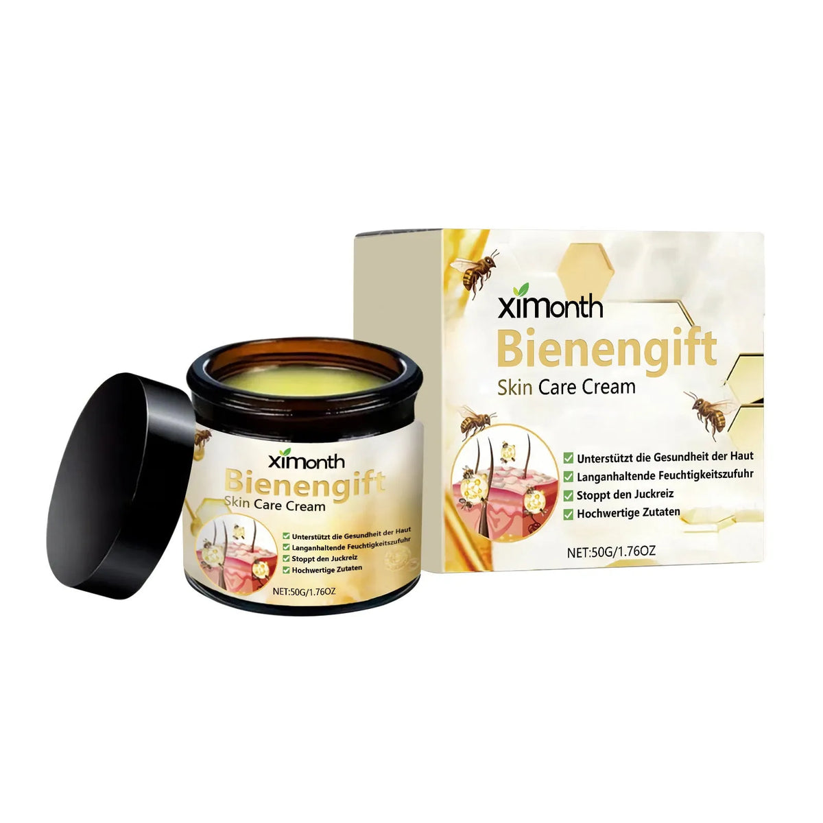 50g jar of bee venom herbal blend moisturising cream for body and neck with shea butter and tea tree oil
