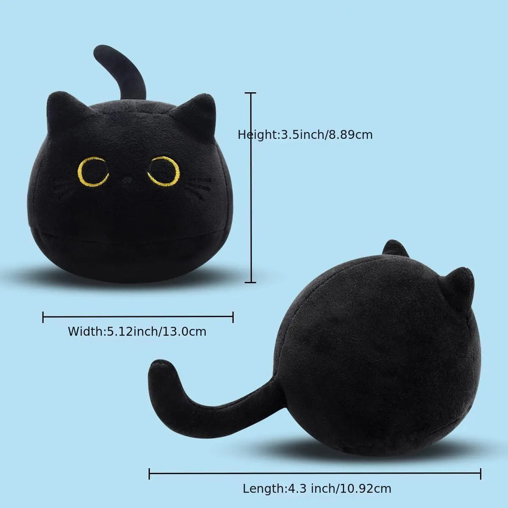 Fluffy black cat plush toy with soft texture, shown as a decorative cushion