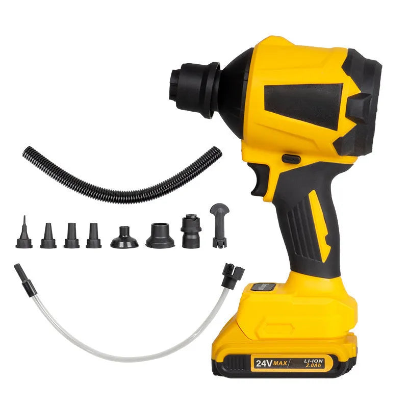 Yellow cordless dust gun with 680W power for office cleaning, showing blower nozzle and lithium battery operation