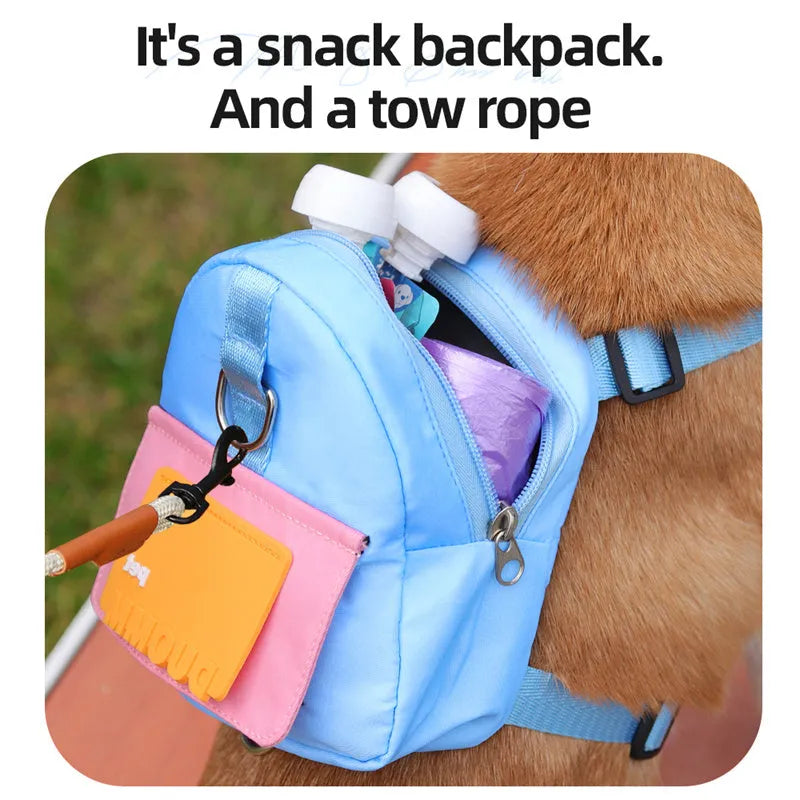 Blue dog backpack with adjustable harness and storage compartments for hiking and travel