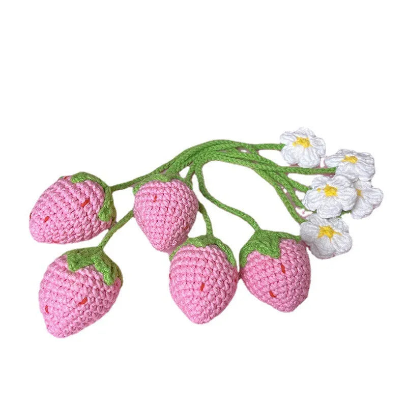 Handmade wool crochet strawberry pendant on 35cm cord, showing red or pink colour option