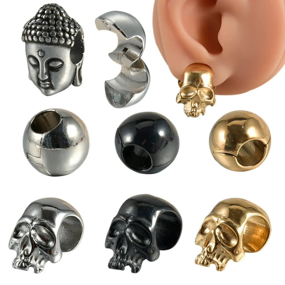 Personalised stainless steel hollow skull Buddha earrings with electroplated finish in geometric design