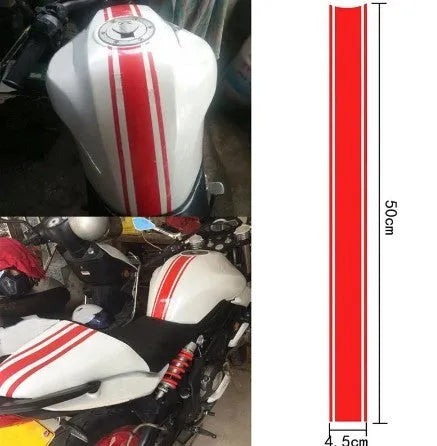 Motorcycle gas tank lid sticker with reflective pinstripes, 50cm long, 4.5cm wide, in black, red, silver, and yellow options